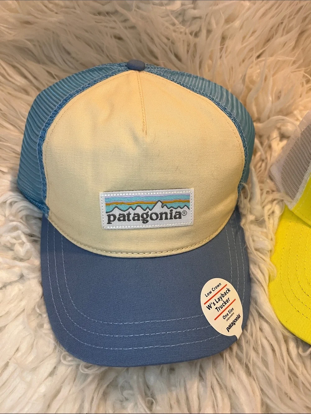 NWT Patagonia Cream and Blue  + Leadville Bright Yellow Trucker Hat Bundle